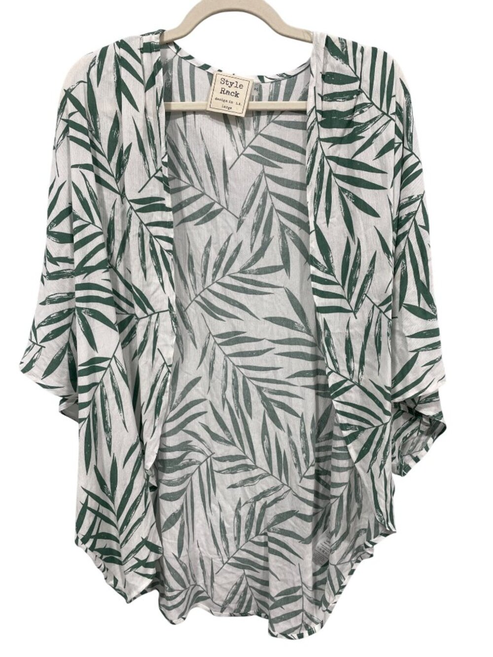 Style Rack Cardigan Large Open Front Kimono White Green Palm Print Tropical